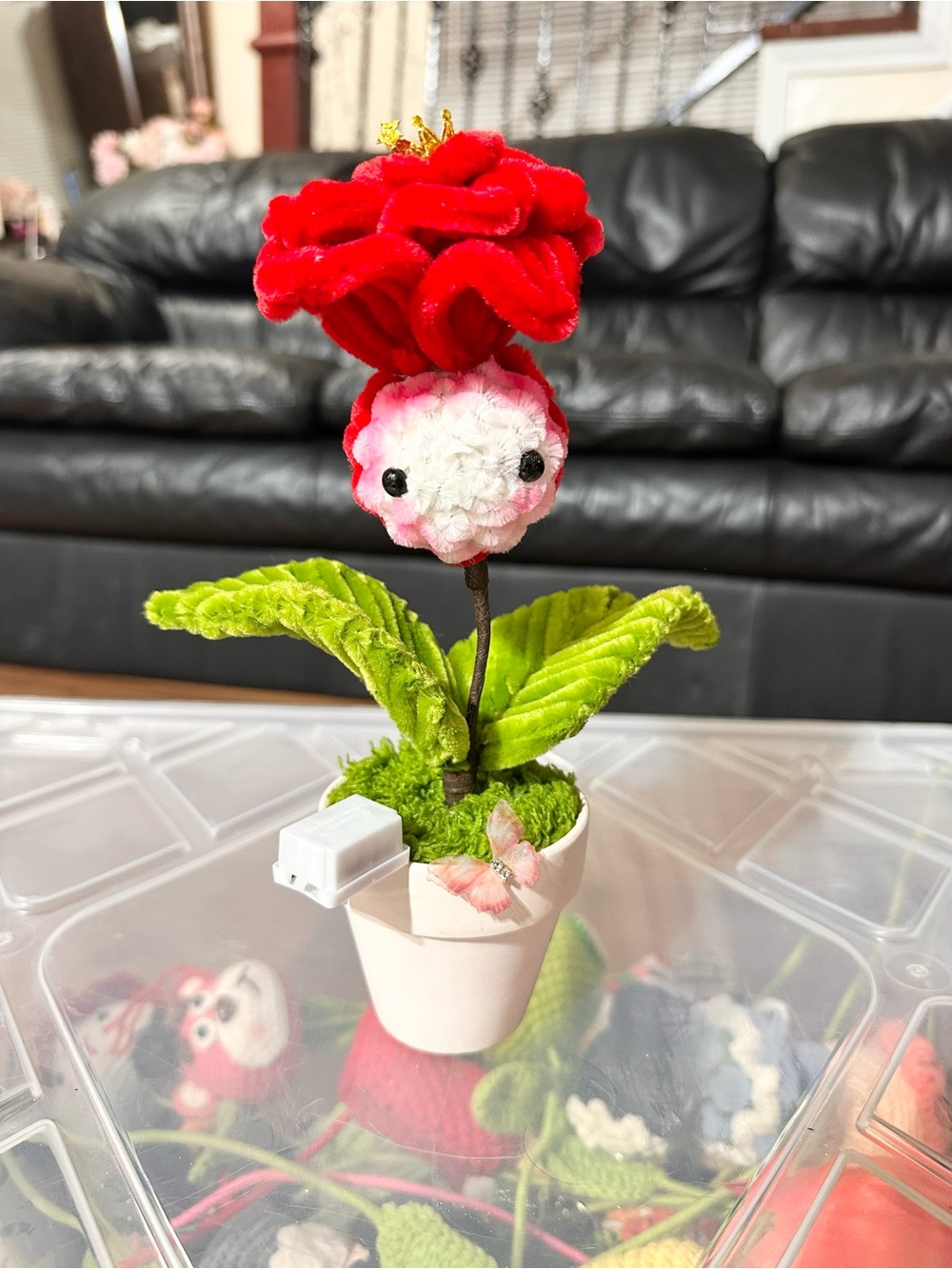 Red Plush Flower Pot with Green Leaves